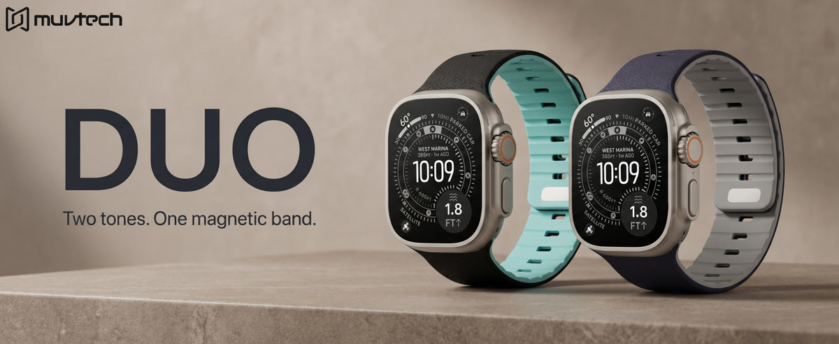 Duo two-tone magnetic Apple Watch strap in Onyx and Midnight. Two tones. One magnetic band.