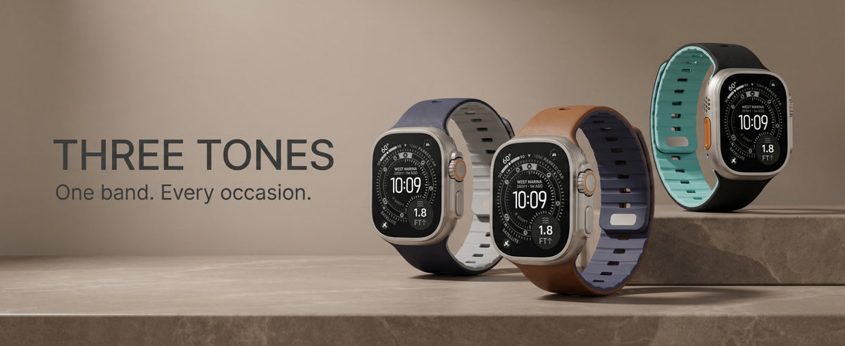 Duo Apple Watch straps in Midnight, Caramel and Onyx. Three tones. One band. Every occasion.