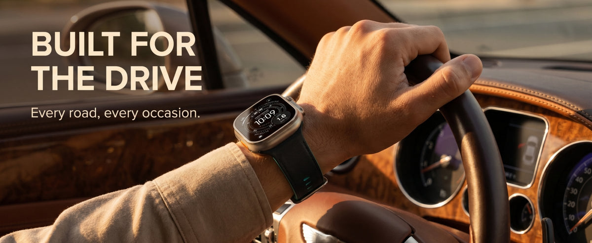Duo magnetic strap in Onyx on a wrist at the wheel. Built for the drive. Every road, every occasion.