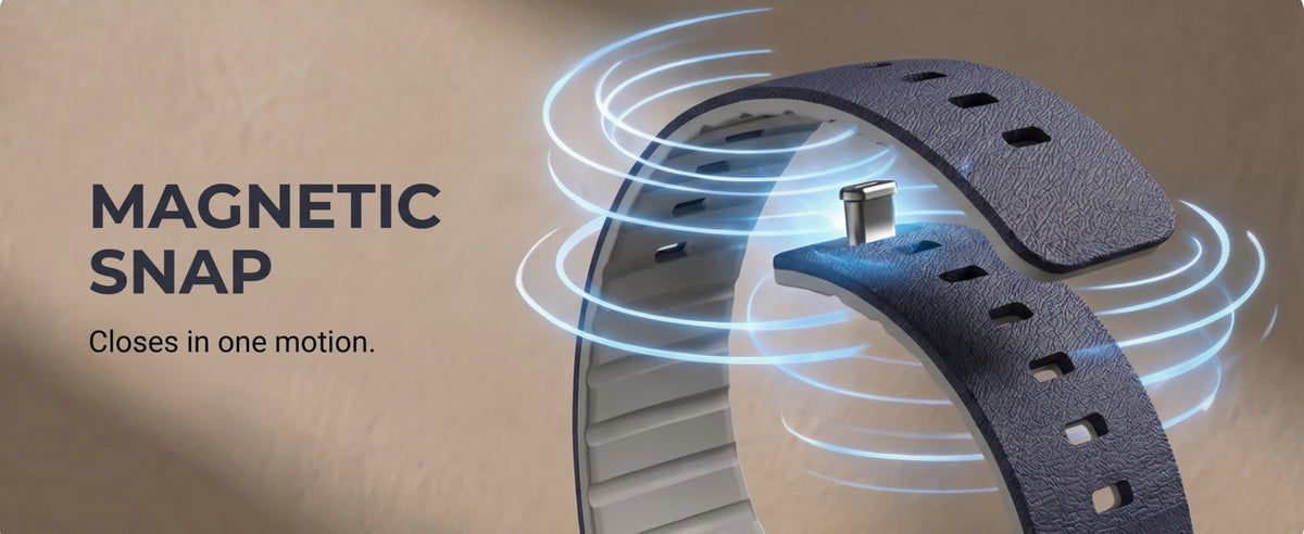 Duo strap magnetic snap closure. Closes in one motion.