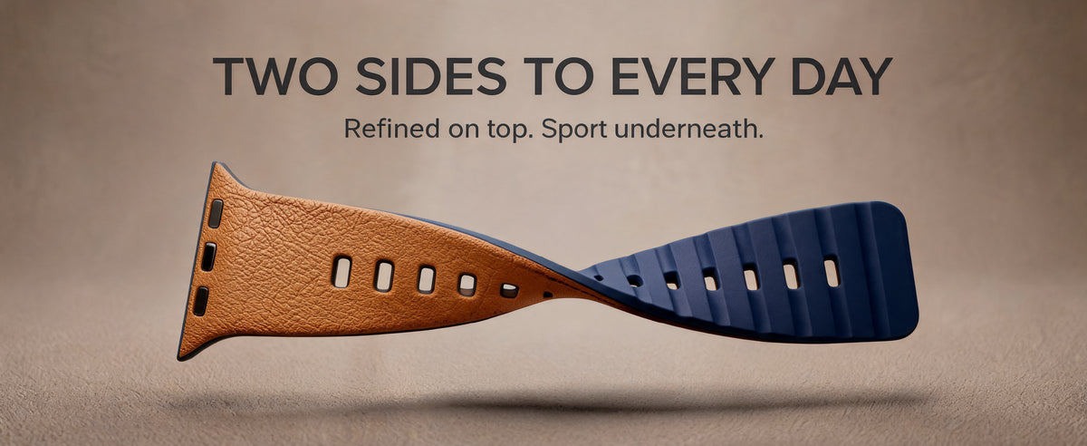 Duo strap with Caramel leather-textured top and Midnight silicone underside. Two sides to every day. Refined on top. Sport underneath.