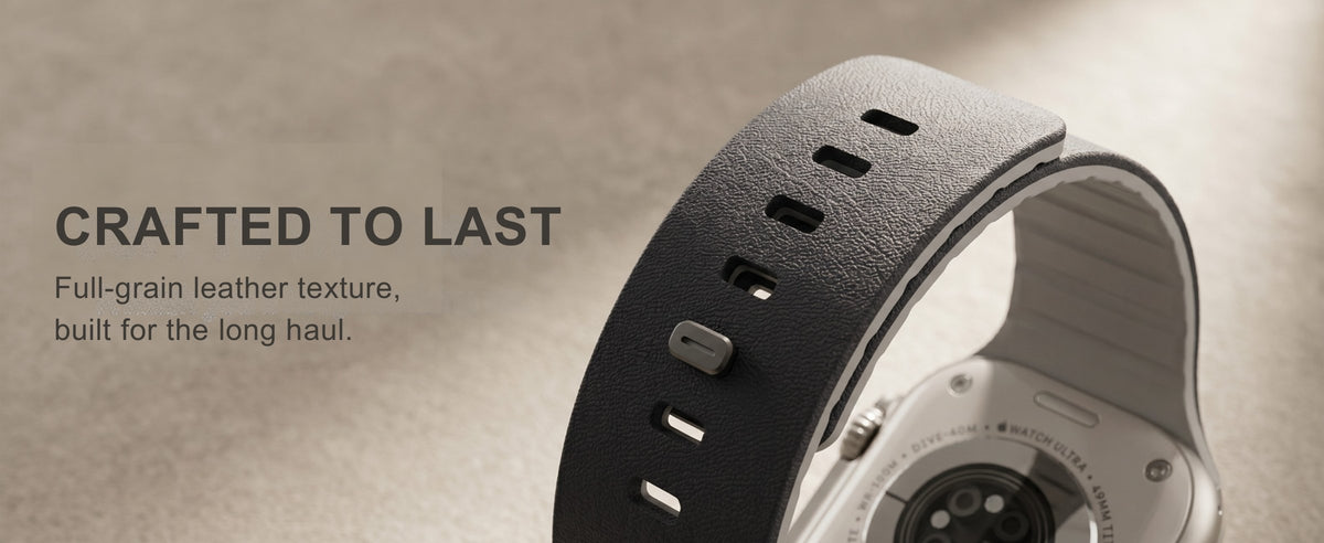 Duo strap in Onyx with leather-textured top and tuck-lock pin. Crafted to last.
