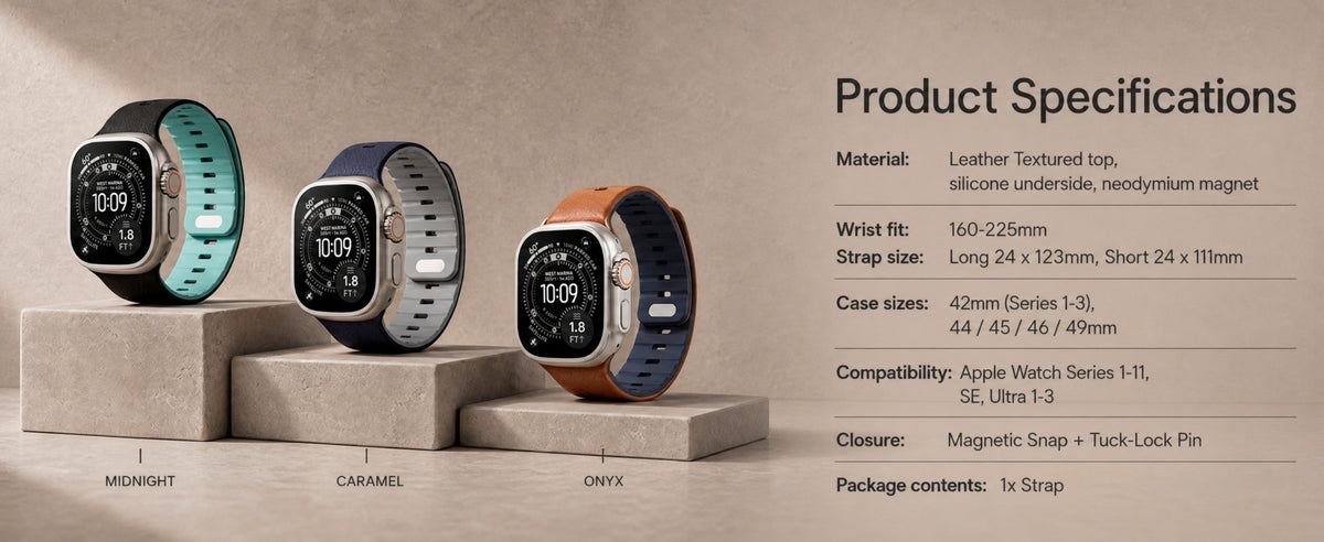 Duo magnetic Apple Watch strap specifications in Midnight, Caramel and Onyx. Wrist fit 160 to 225mm, case sizes 42 to 49mm.