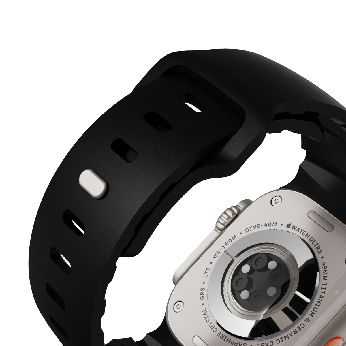 Flex Black strap on the back of Apple Watch