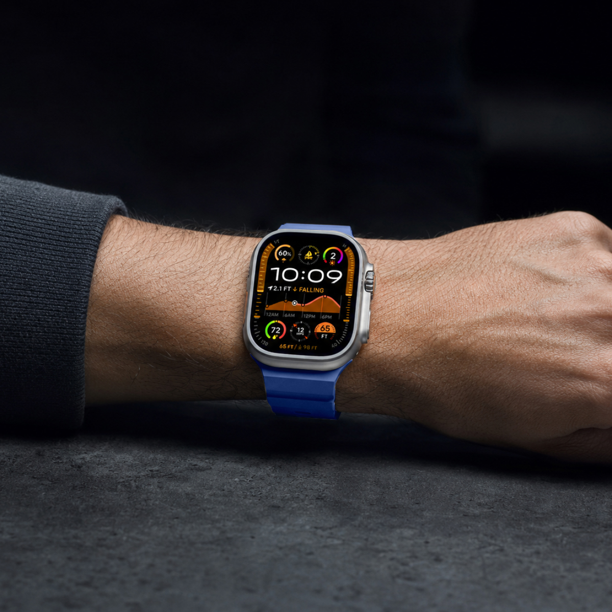 Flex Cobalt silicone strap worn on the wrist