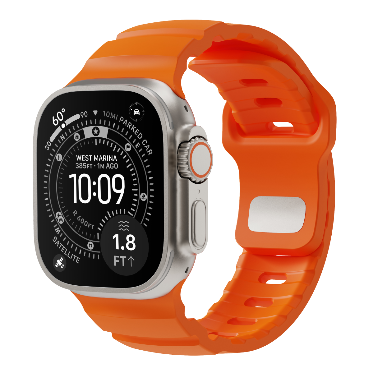 Flex silicone Apple Watch strap in Orange on Apple Watch Ultra