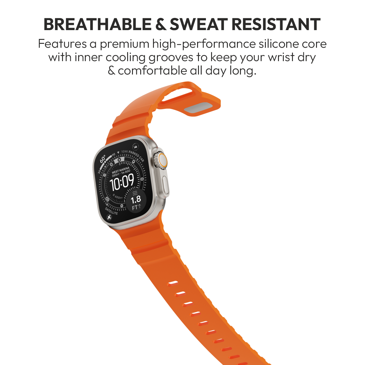 Flex Orange silicone strap on Apple Watch