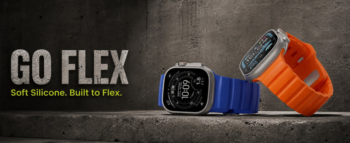 Flex silicone sport strap for Apple Watch in Cobalt and Orange. Soft silicone. Built to flex.