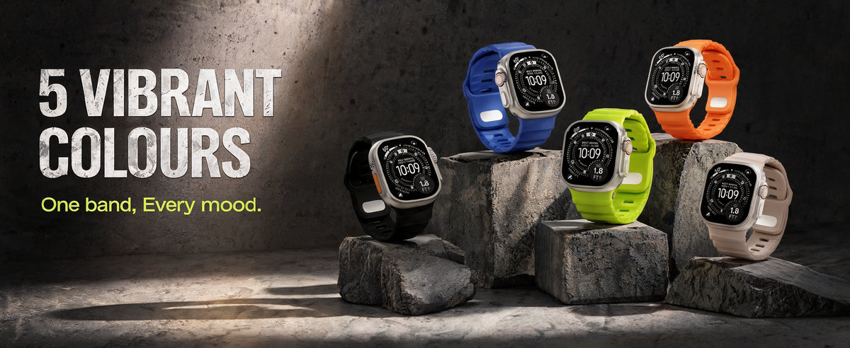 Flex Apple Watch straps in Black, Cobalt, Lime, Orange and Sand. Five colours. One band, every mood.
