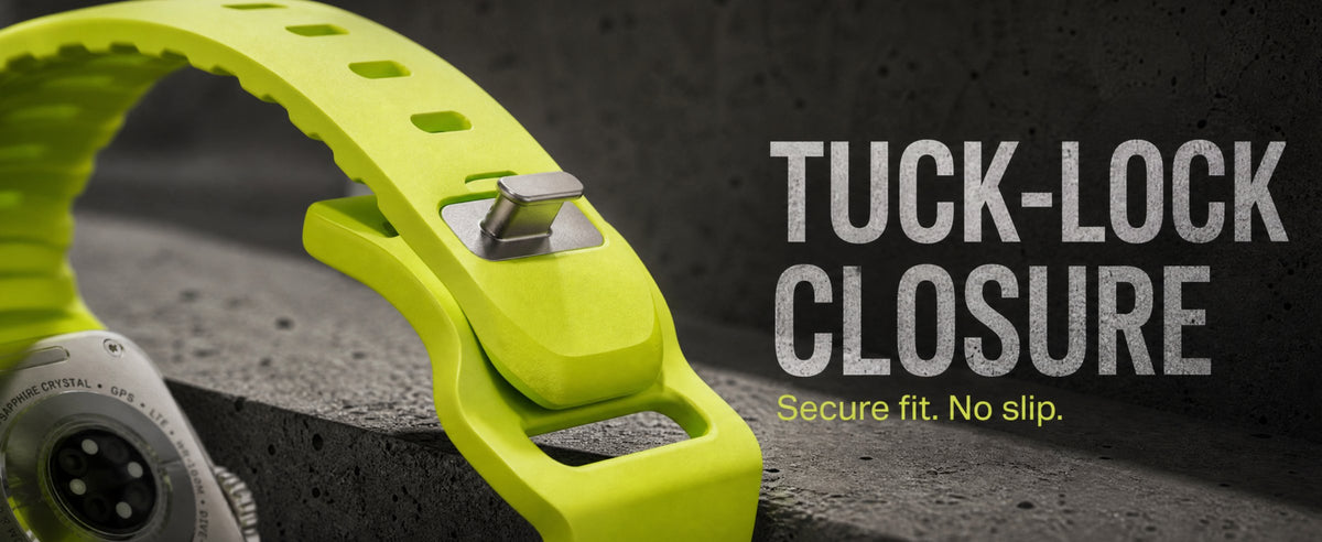 Flex strap in Lime with tuck-lock pin closure. Secure fit. No slip.