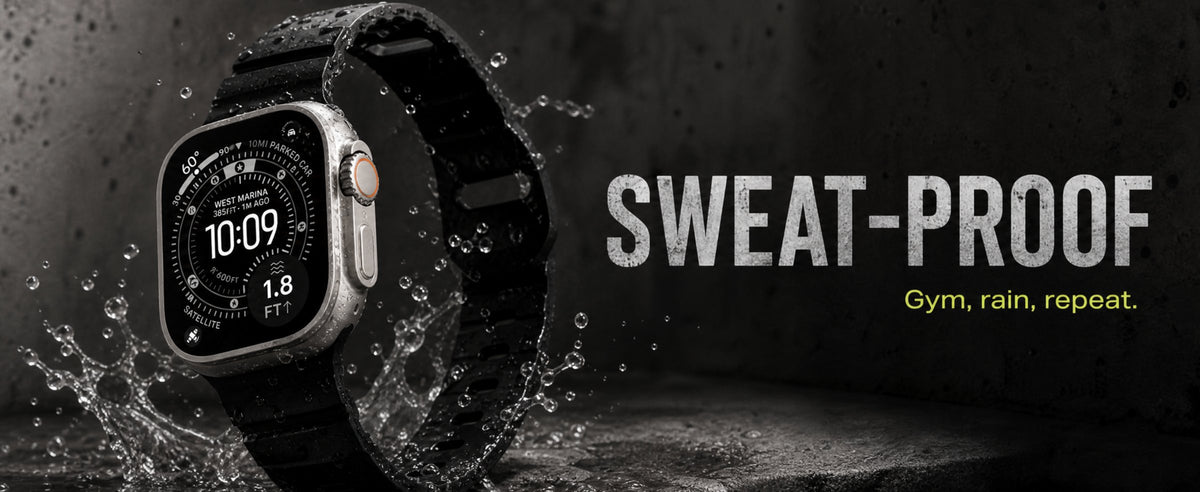 Flex strap in Black on Apple Watch Ultra with water splash.
