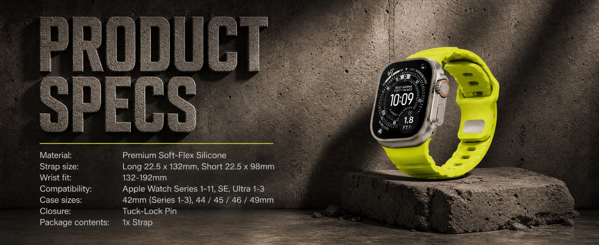 Flex silicone Apple Watch strap specifications in Lime. Wrist fit 132 to 192mm, case sizes 42 to 49mm.