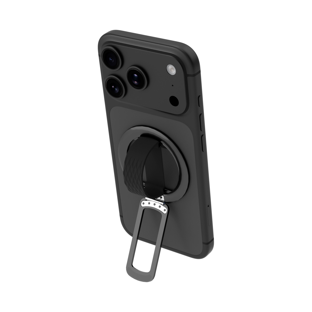 Loop MagSafe grip stand in Black on an iPhone, stand open