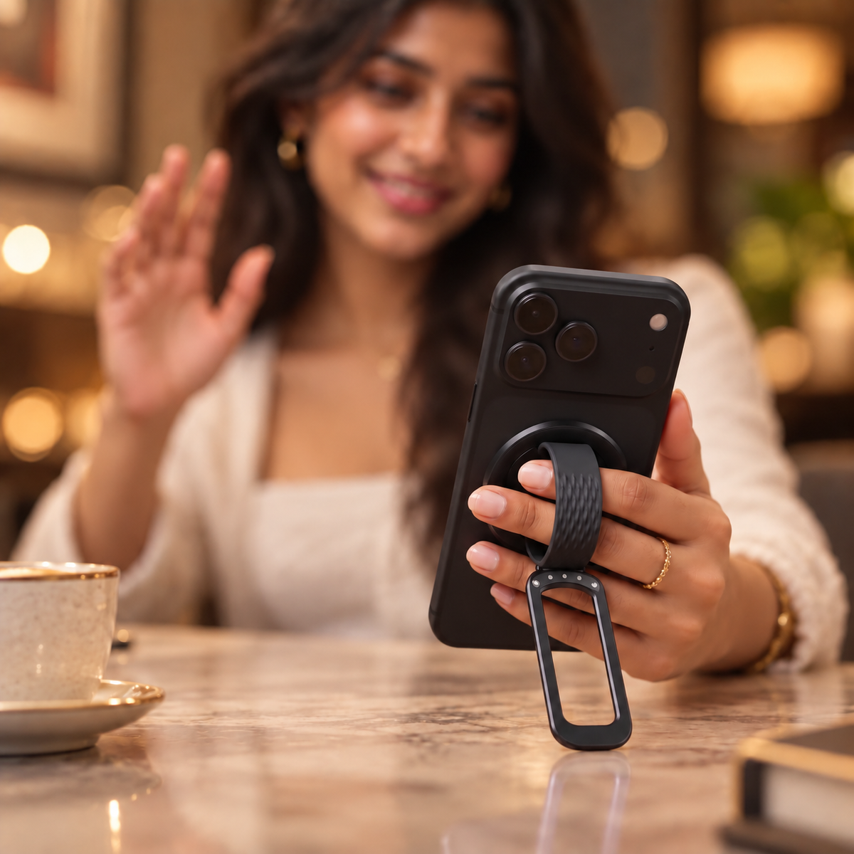 Loop in Black on an iPhone, held in one hand at a table