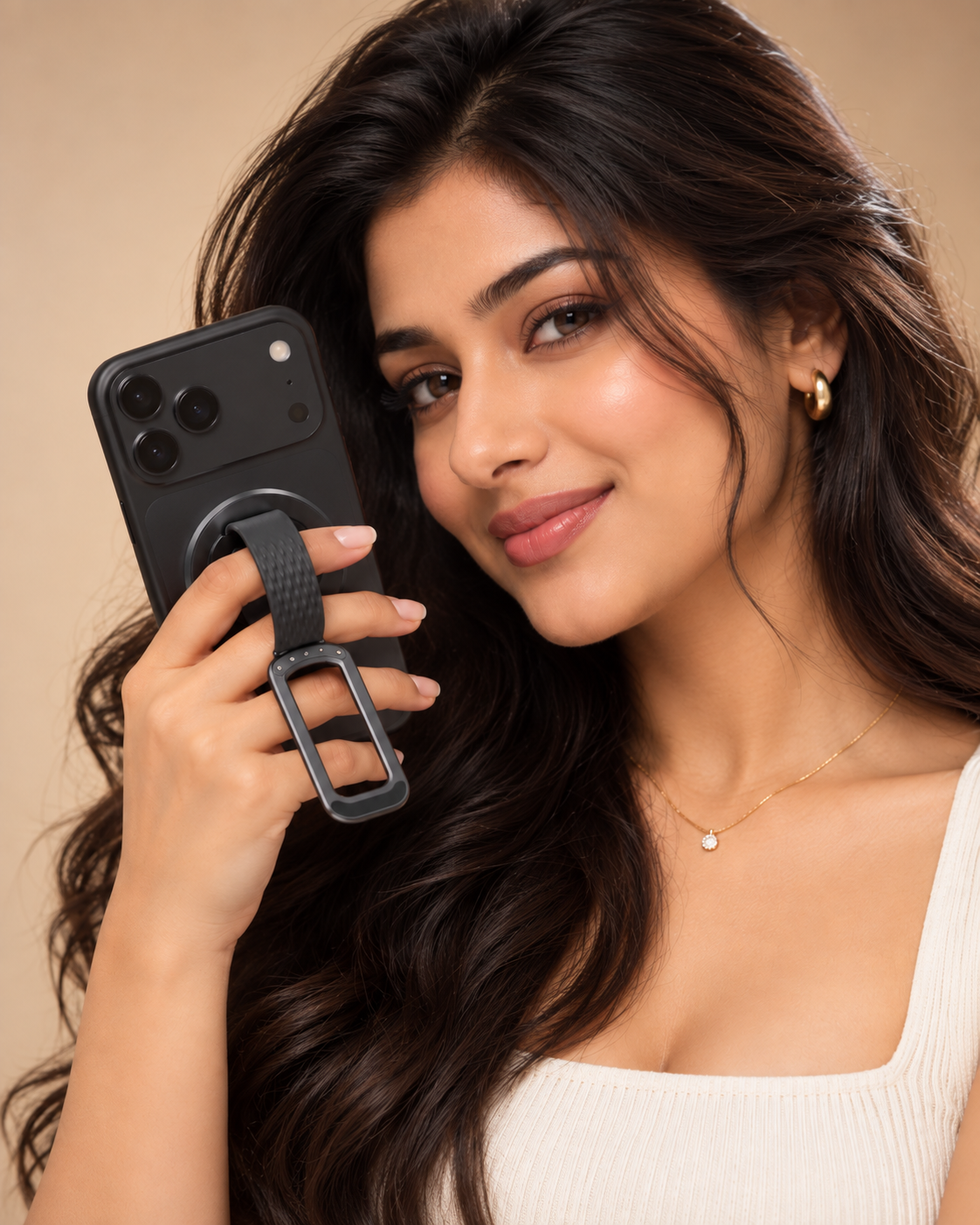 Woman holding an iPhone by the Black Loop grip