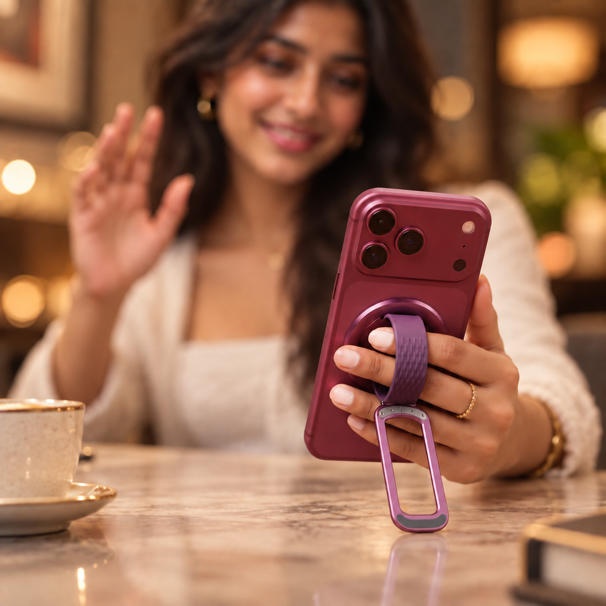 Loop in Burgundy on an iPhone, held in one hand at a table