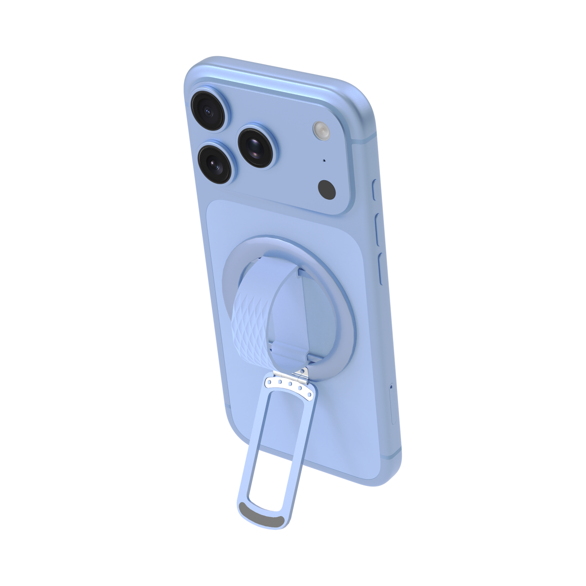 Loop MagSafe grip stand in Glacier Blue on an iPhone, stand open