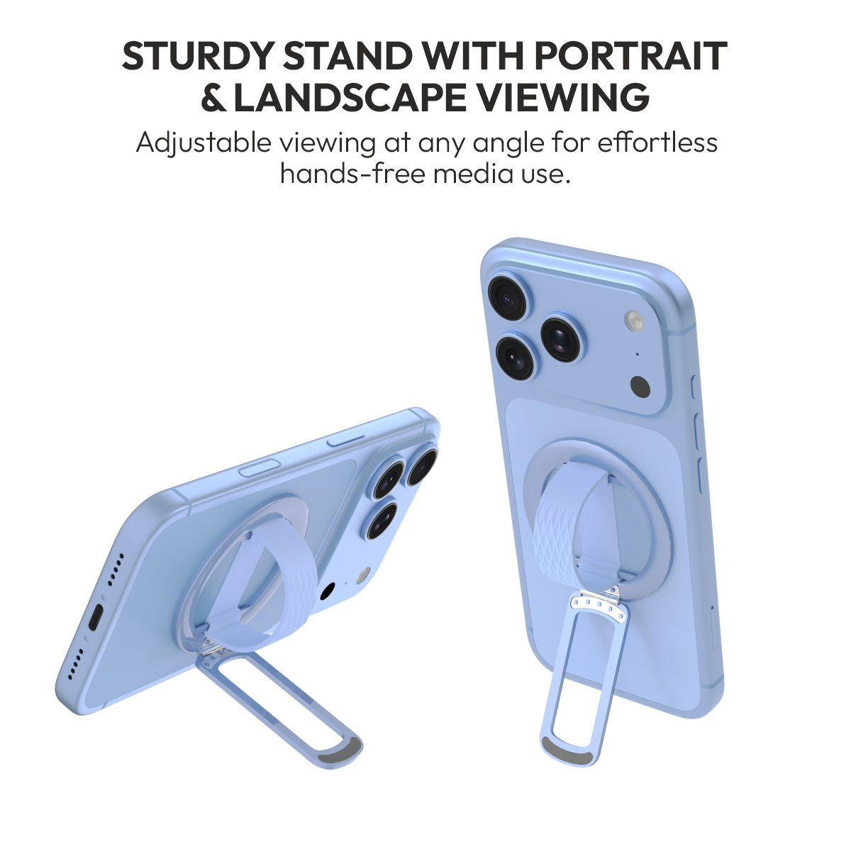 Loop in Glacier Blue as a portrait and landscape phone stand