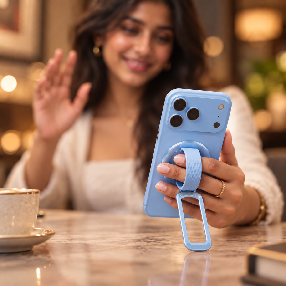 Loop in Glacier Blue on an iPhone, held in one hand at a table