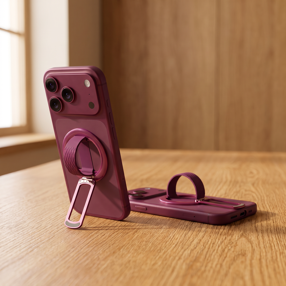 Loop in Burgundy holding an iPhone upright on a table