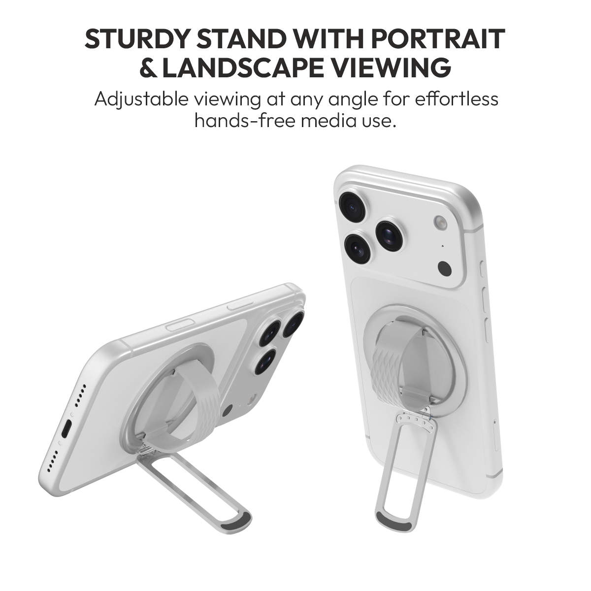 Loop in White as a portrait and landscape phone stand