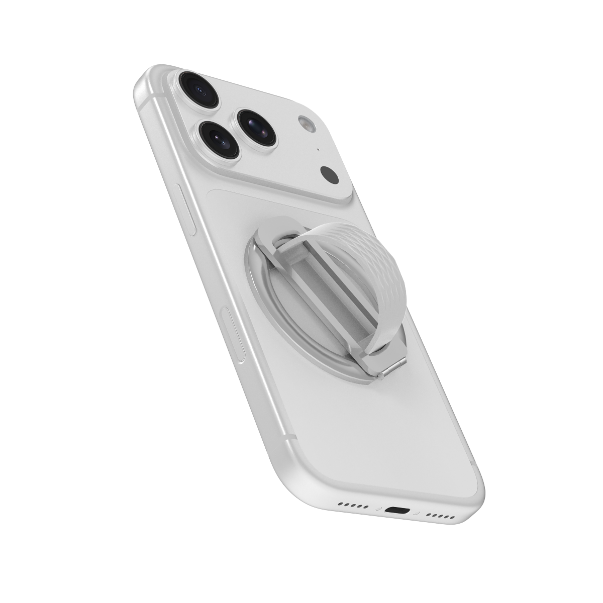 Loop in White folded flat on the back of an iPhone