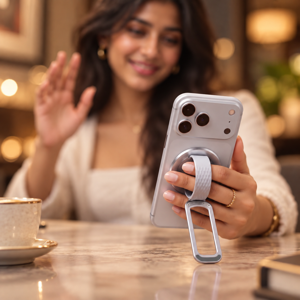 Loop in White on an iPhone, held in one hand at a table