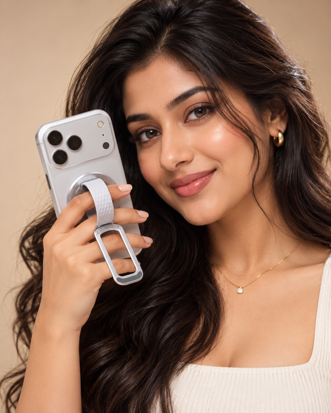 Woman holding an iPhone by the White Loop grip